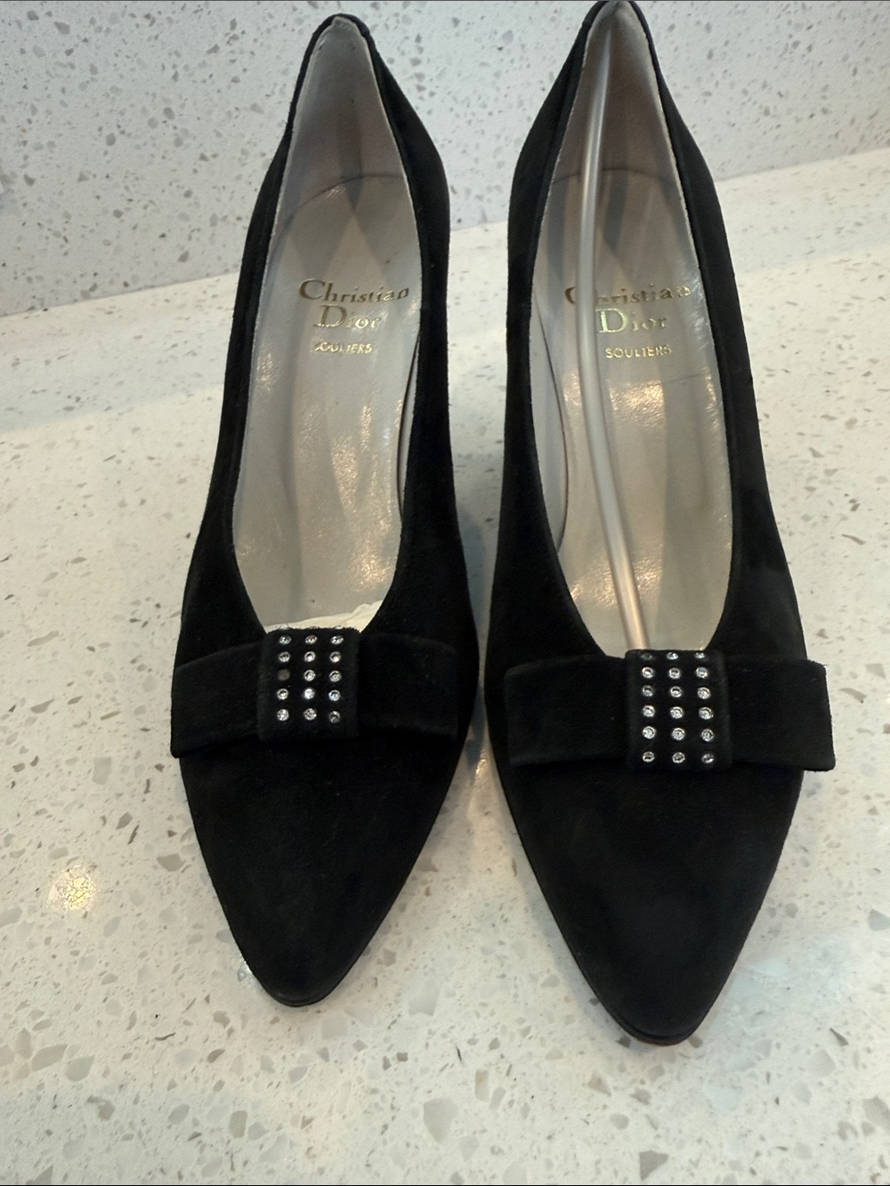 Vintage Dior Black Suede Pointed Toe Pumps with Crystal Studded bow and heels